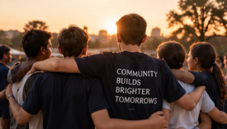 A group of teenagers with their arms around each other at sunset, one wearing a shirt reading Community builds brighter tomorrows