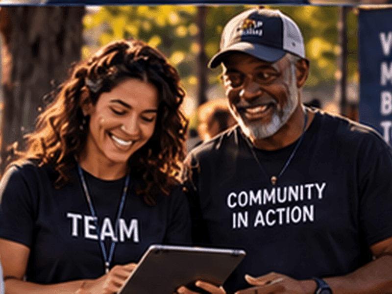 Two volunteers checking a list together at a community event